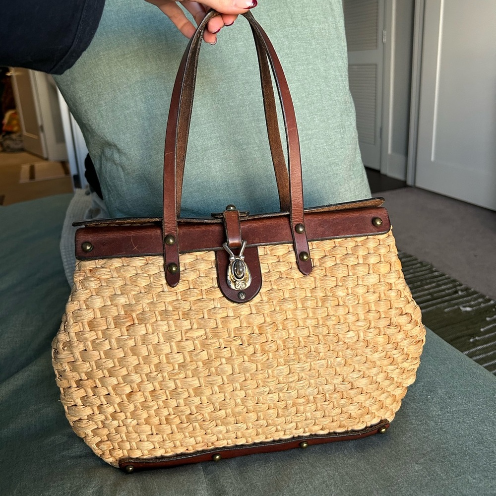 Vintage John Romaine Woven Straw Handbag with Leather Handles